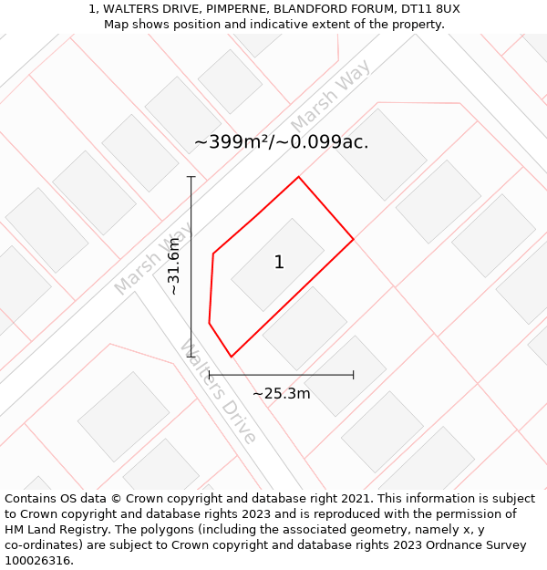 1, WALTERS DRIVE, PIMPERNE, BLANDFORD FORUM, DT11 8UX: Plot and title map