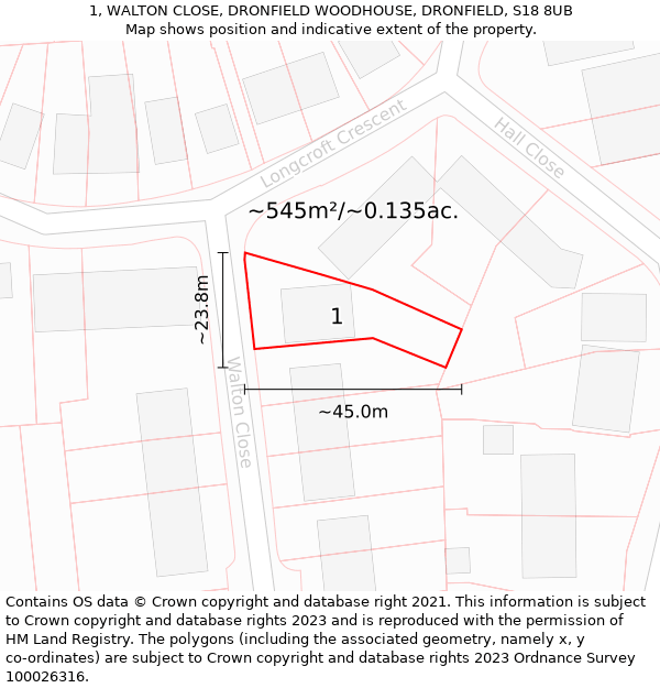 1, WALTON CLOSE, DRONFIELD WOODHOUSE, DRONFIELD, S18 8UB: Plot and title map