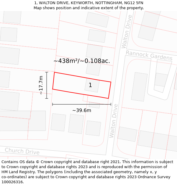 1, WALTON DRIVE, KEYWORTH, NOTTINGHAM, NG12 5FN: Plot and title map