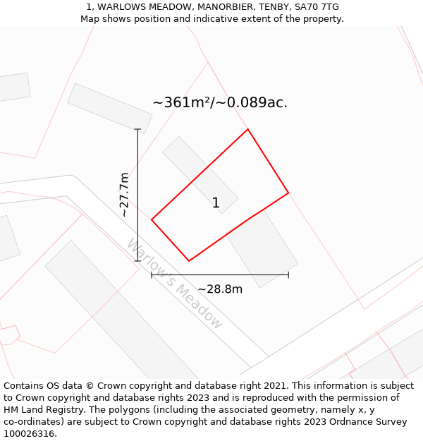 1, WARLOWS MEADOW, MANORBIER, TENBY, SA70 7TG: Plot and title map