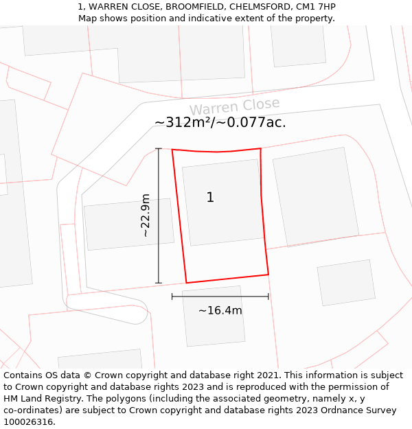 1, WARREN CLOSE, BROOMFIELD, CHELMSFORD, CM1 7HP: Plot and title map