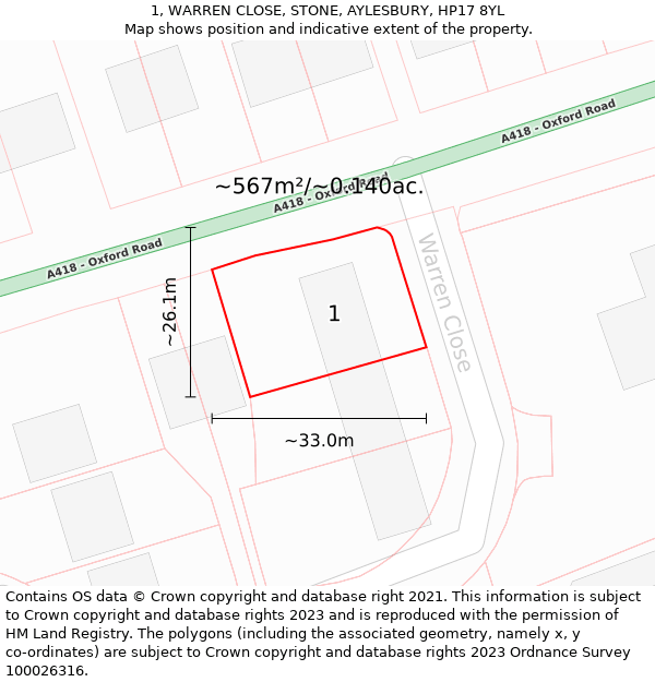 1, WARREN CLOSE, STONE, AYLESBURY, HP17 8YL: Plot and title map