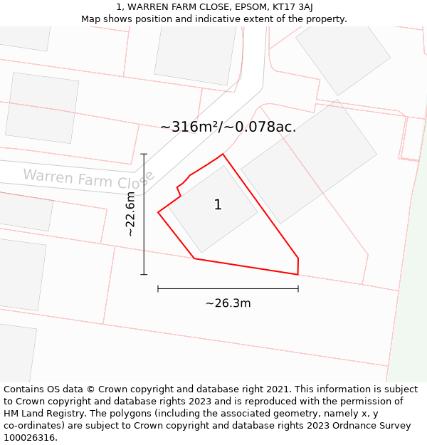 1, WARREN FARM CLOSE, EPSOM, KT17 3AJ: Plot and title map
