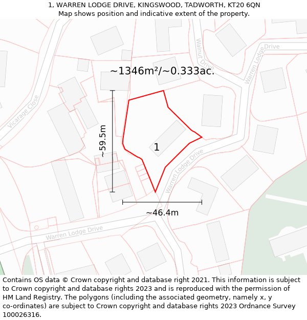 1, WARREN LODGE DRIVE, KINGSWOOD, TADWORTH, KT20 6QN: Plot and title map