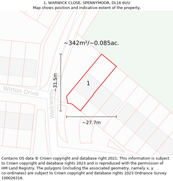 1, WARWICK CLOSE, SPENNYMOOR, DL16 6UU: Plot and title map