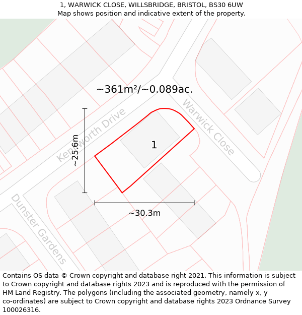 1, WARWICK CLOSE, WILLSBRIDGE, BRISTOL, BS30 6UW: Plot and title map