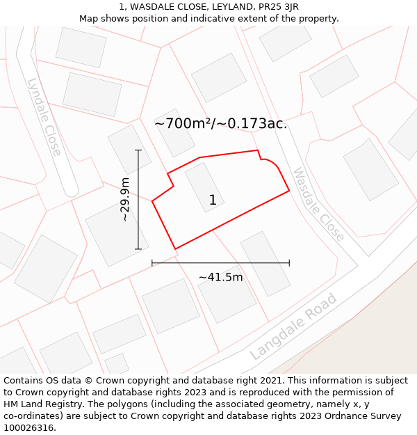 1, WASDALE CLOSE, LEYLAND, PR25 3JR: Plot and title map