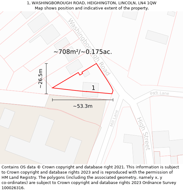 1, WASHINGBOROUGH ROAD, HEIGHINGTON, LINCOLN, LN4 1QW: Plot and title map