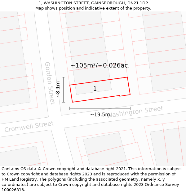 1, WASHINGTON STREET, GAINSBOROUGH, DN21 1DP: Plot and title map