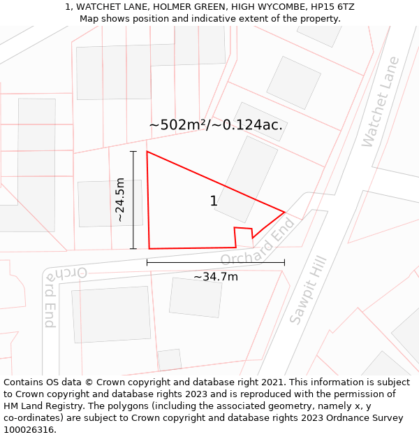 1, WATCHET LANE, HOLMER GREEN, HIGH WYCOMBE, HP15 6TZ: Plot and title map