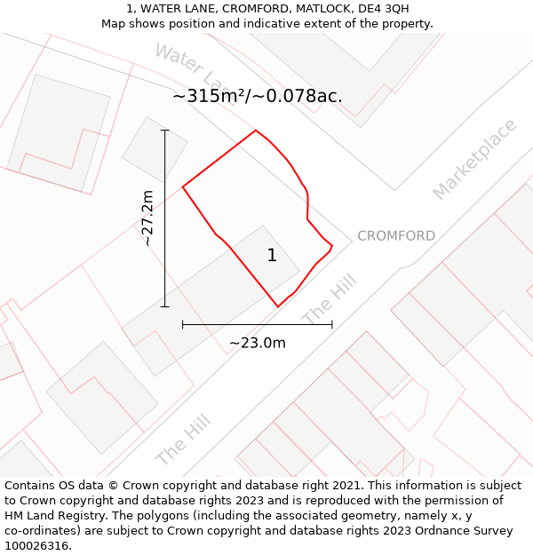 1, WATER LANE, CROMFORD, MATLOCK, DE4 3QH: Plot and title map