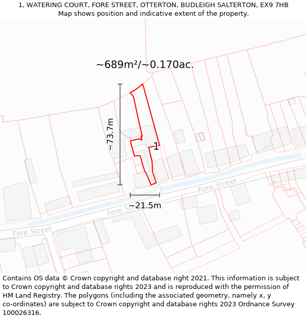 1, WATERING COURT, FORE STREET, OTTERTON, BUDLEIGH SALTERTON, EX9 7HB: Plot and title map