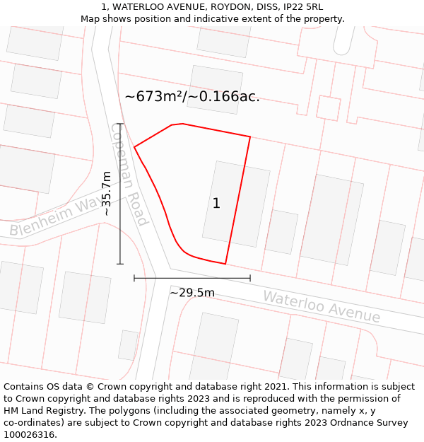 1, WATERLOO AVENUE, ROYDON, DISS, IP22 5RL: Plot and title map