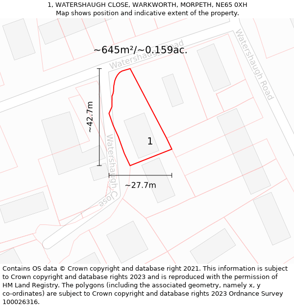 1, WATERSHAUGH CLOSE, WARKWORTH, MORPETH, NE65 0XH: Plot and title map