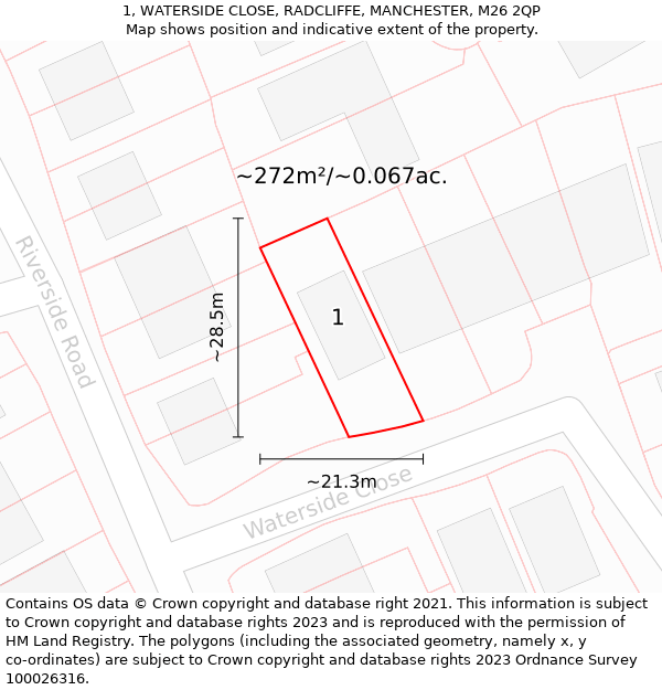 1, WATERSIDE CLOSE, RADCLIFFE, MANCHESTER, M26 2QP: Plot and title map