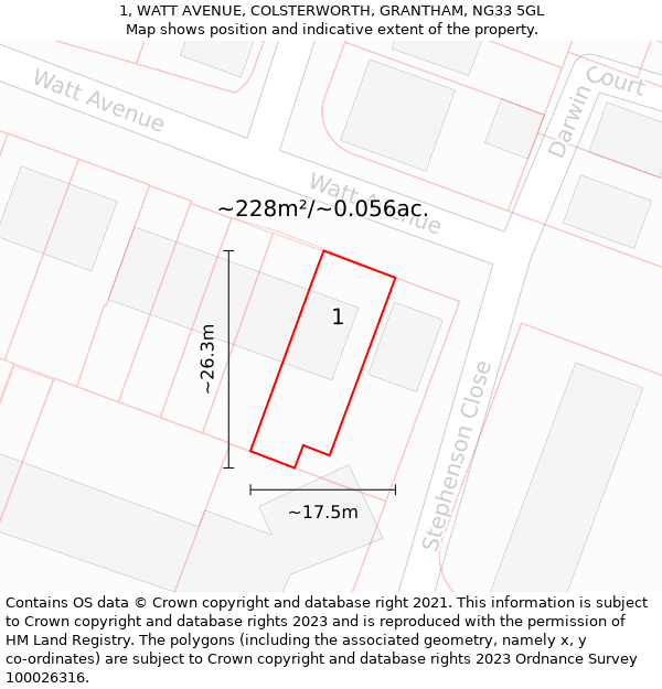 1, WATT AVENUE, COLSTERWORTH, GRANTHAM, NG33 5GL: Plot and title map