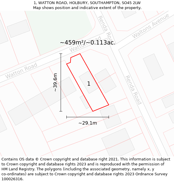 1, WATTON ROAD, HOLBURY, SOUTHAMPTON, SO45 2LW: Plot and title map