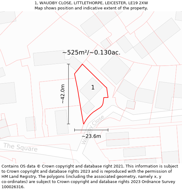 1, WAUDBY CLOSE, LITTLETHORPE, LEICESTER, LE19 2XW: Plot and title map