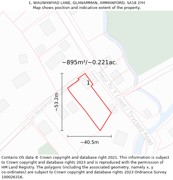 1, WAUNHWYAD LANE, GLANAMMAN, AMMANFORD, SA18 2YH: Plot and title map