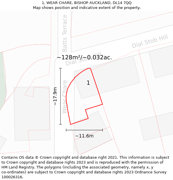 1, WEAR CHARE, BISHOP AUCKLAND, DL14 7QQ: Plot and title map