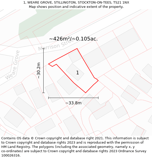 1, WEARE GROVE, STILLINGTON, STOCKTON-ON-TEES, TS21 1NX: Plot and title map