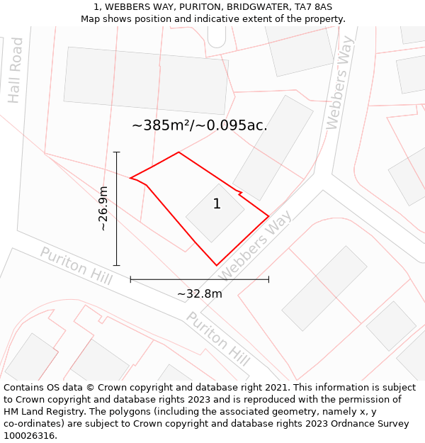 1, WEBBERS WAY, PURITON, BRIDGWATER, TA7 8AS: Plot and title map