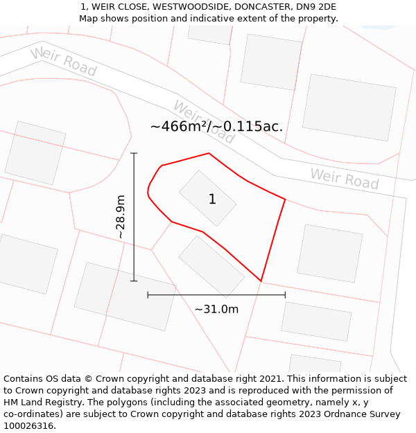 1, WEIR CLOSE, WESTWOODSIDE, DONCASTER, DN9 2DE: Plot and title map