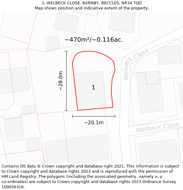 1, WELBECK CLOSE, BARNBY, BECCLES, NR34 7QD: Plot and title map