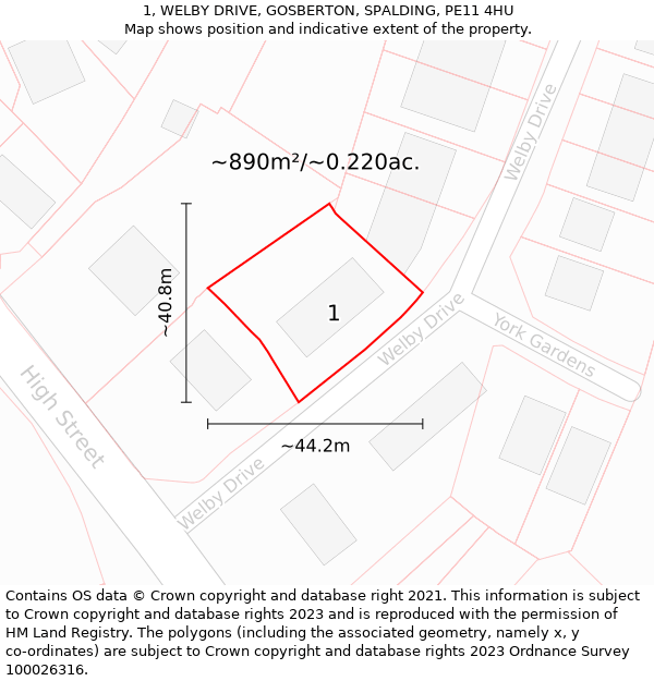 1, WELBY DRIVE, GOSBERTON, SPALDING, PE11 4HU: Plot and title map