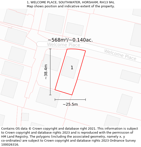 1, WELCOME PLACE, SOUTHWATER, HORSHAM, RH13 9AL: Plot and title map