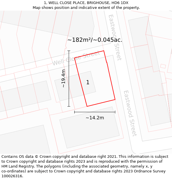 1, WELL CLOSE PLACE, BRIGHOUSE, HD6 1DX: Plot and title map