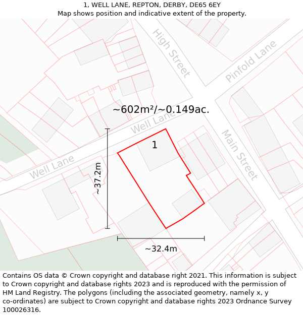 1, WELL LANE, REPTON, DERBY, DE65 6EY: Plot and title map