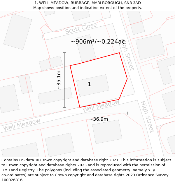 1, WELL MEADOW, BURBAGE, MARLBOROUGH, SN8 3AD: Plot and title map