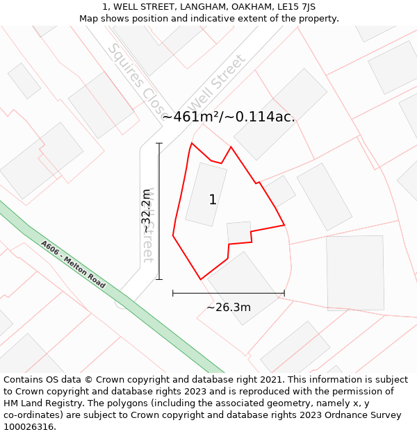 1, WELL STREET, LANGHAM, OAKHAM, LE15 7JS: Plot and title map