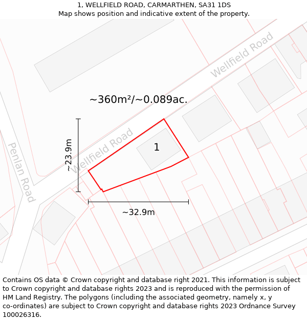 1, WELLFIELD ROAD, CARMARTHEN, SA31 1DS: Plot and title map