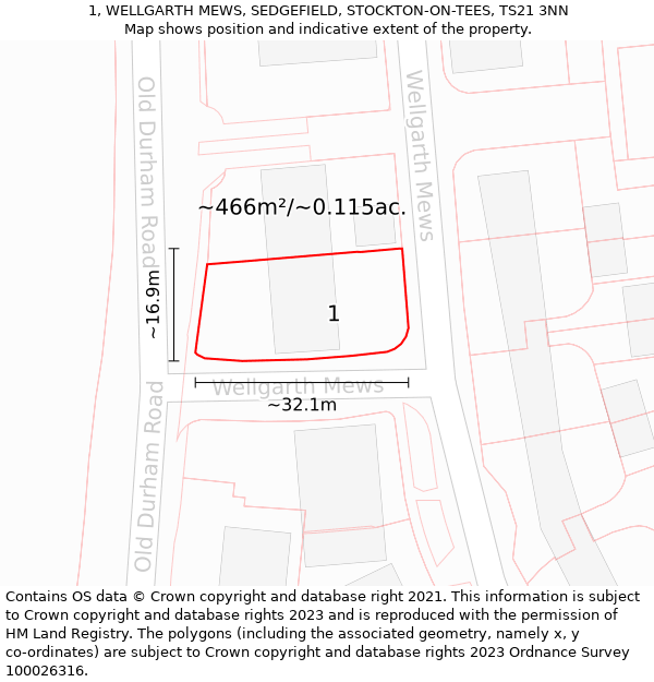 1, WELLGARTH MEWS, SEDGEFIELD, STOCKTON-ON-TEES, TS21 3NN: Plot and title map