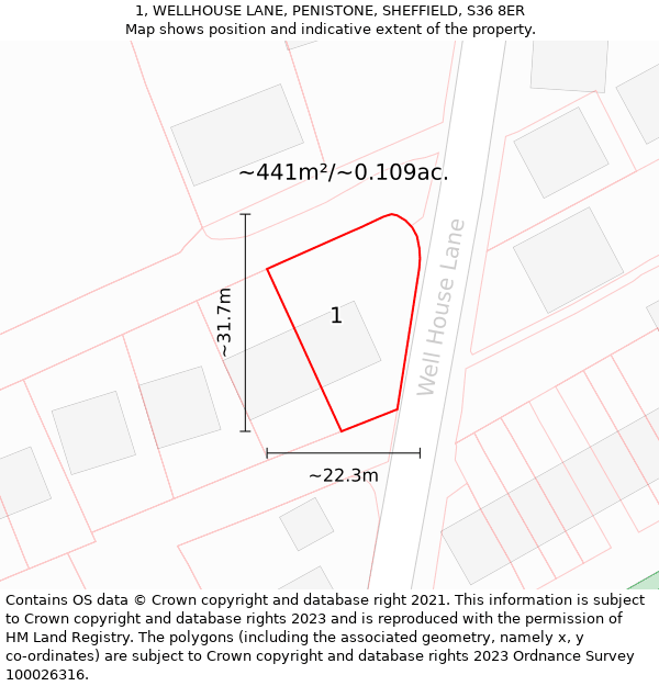 1, WELLHOUSE LANE, PENISTONE, SHEFFIELD, S36 8ER: Plot and title map