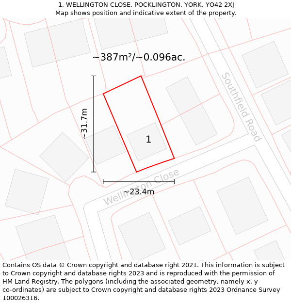 1, WELLINGTON CLOSE, POCKLINGTON, YORK, YO42 2XJ: Plot and title map