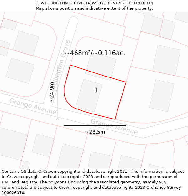 1, WELLINGTON GROVE, BAWTRY, DONCASTER, DN10 6PJ: Plot and title map