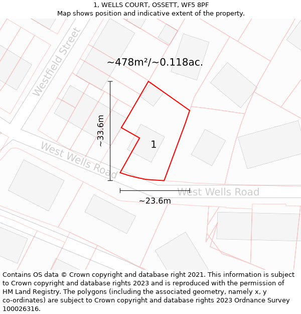 1, WELLS COURT, OSSETT, WF5 8PF: Plot and title map