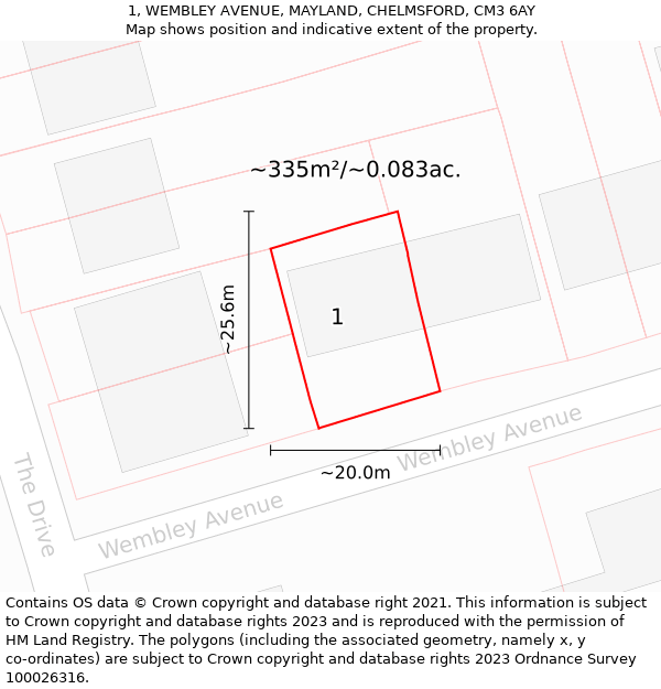 1, WEMBLEY AVENUE, MAYLAND, CHELMSFORD, CM3 6AY: Plot and title map