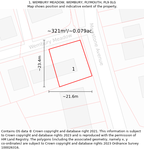 1, WEMBURY MEADOW, WEMBURY, PLYMOUTH, PL9 0LG: Plot and title map