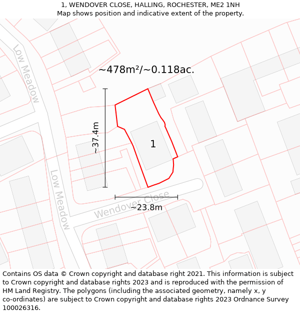 1, WENDOVER CLOSE, HALLING, ROCHESTER, ME2 1NH: Plot and title map