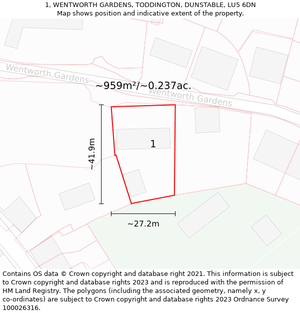 1, WENTWORTH GARDENS, TODDINGTON, DUNSTABLE, LU5 6DN: Plot and title map