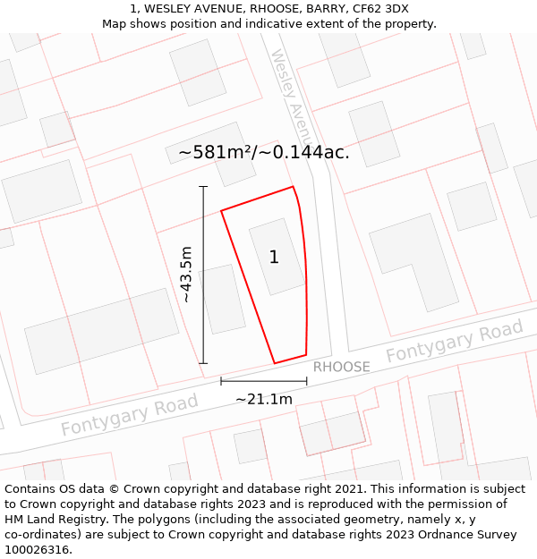 1, WESLEY AVENUE, RHOOSE, BARRY, CF62 3DX: Plot and title map