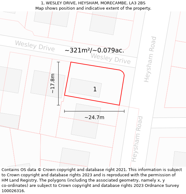 1, WESLEY DRIVE, HEYSHAM, MORECAMBE, LA3 2BS: Plot and title map