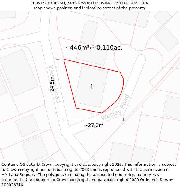 1, WESLEY ROAD, KINGS WORTHY, WINCHESTER, SO23 7PX: Plot and title map