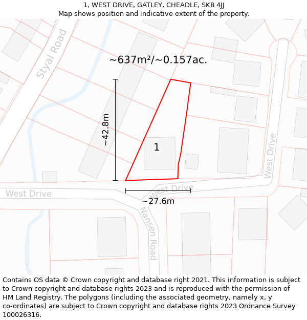 1, WEST DRIVE, GATLEY, CHEADLE, SK8 4JJ: Plot and title map