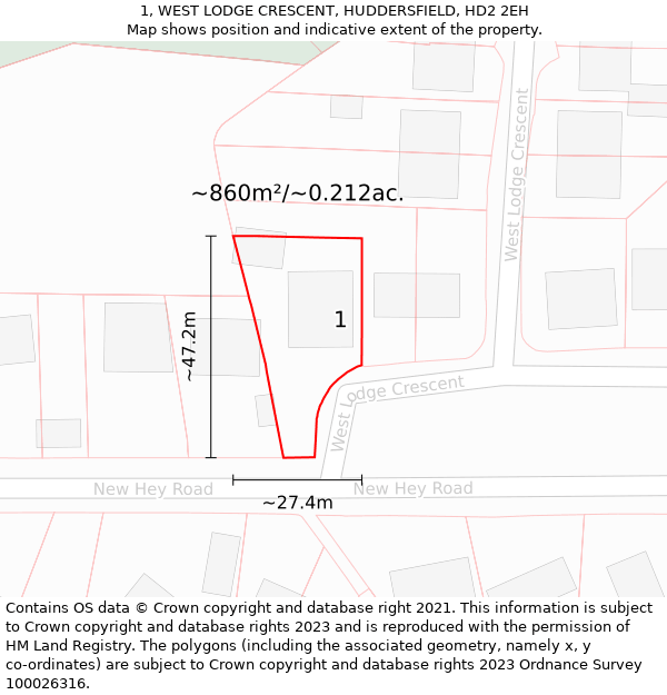 1, WEST LODGE CRESCENT, HUDDERSFIELD, HD2 2EH: Plot and title map