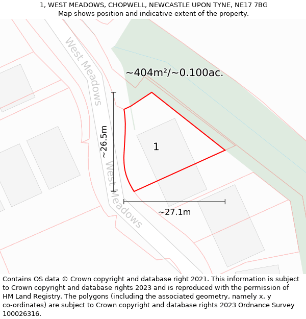 1, WEST MEADOWS, CHOPWELL, NEWCASTLE UPON TYNE, NE17 7BG: Plot and title map